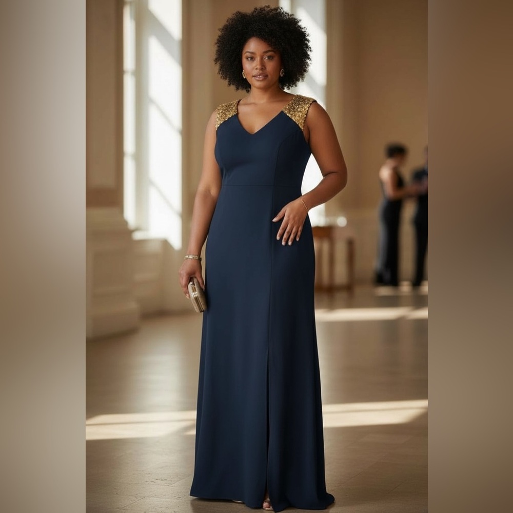 Elegant Navy Blue and Gold Evening Gown